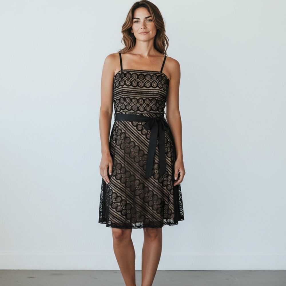 LOFT NWT Black Lace Midi Dress with Satin Waist Sash